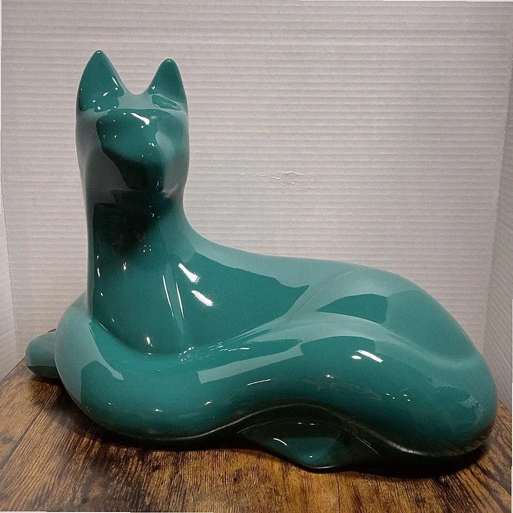 1990 Haeger Teal Cat Laying Down Reclining Ceramic #6063 Orig Sticker Vintage