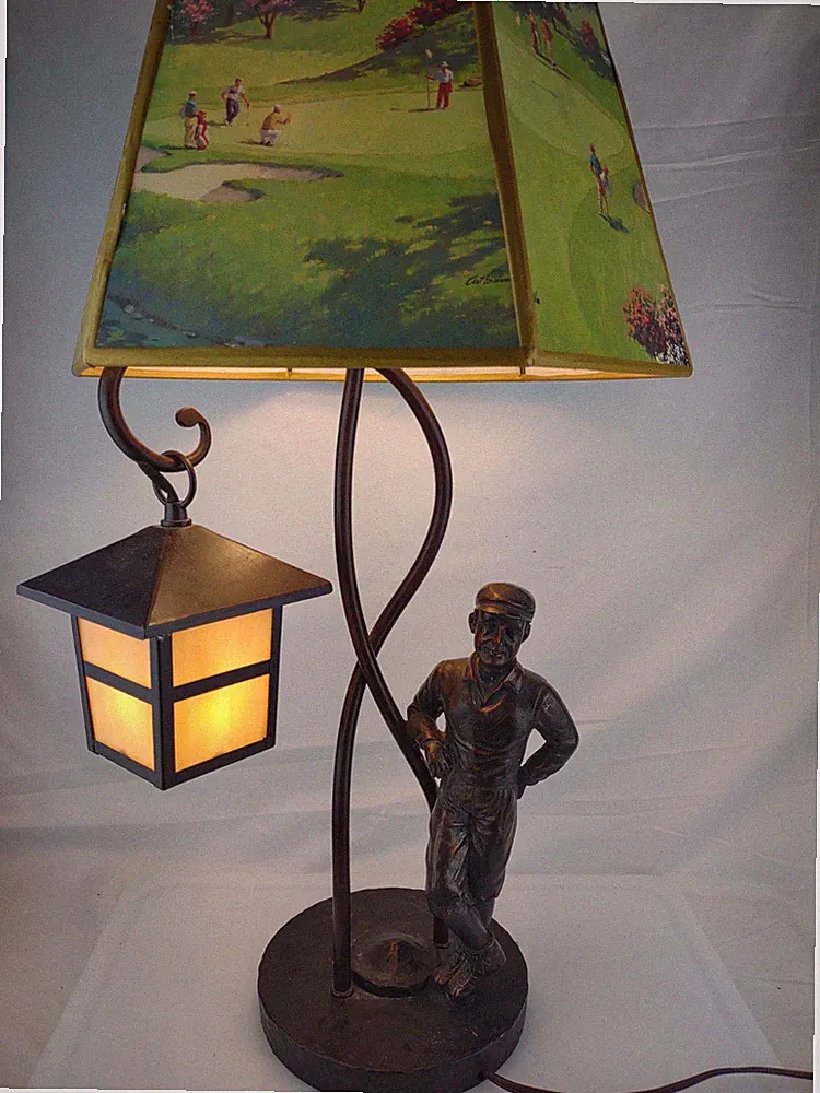 29.5" Large Unique golfer reclining on Lamp Post w/ landscape Shade Table lamp