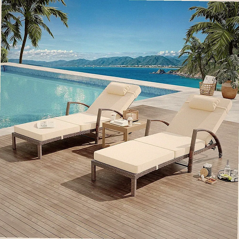 2x Patio Adjustable Chaise Lounge Set Wicker Reclining Chair w/ Cushions Garden