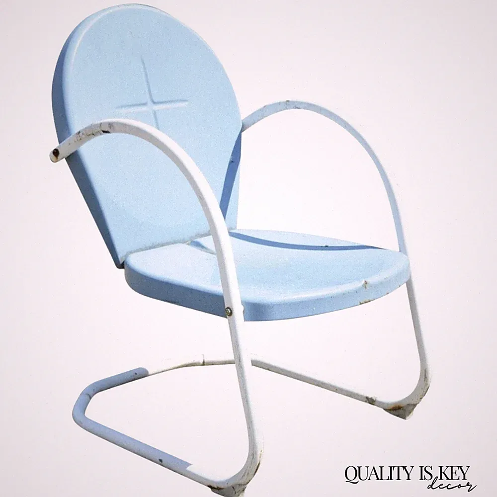 Antique Art Deco Steel Metal Vintage Blue Garden Patio Outdoor Lounge Chair