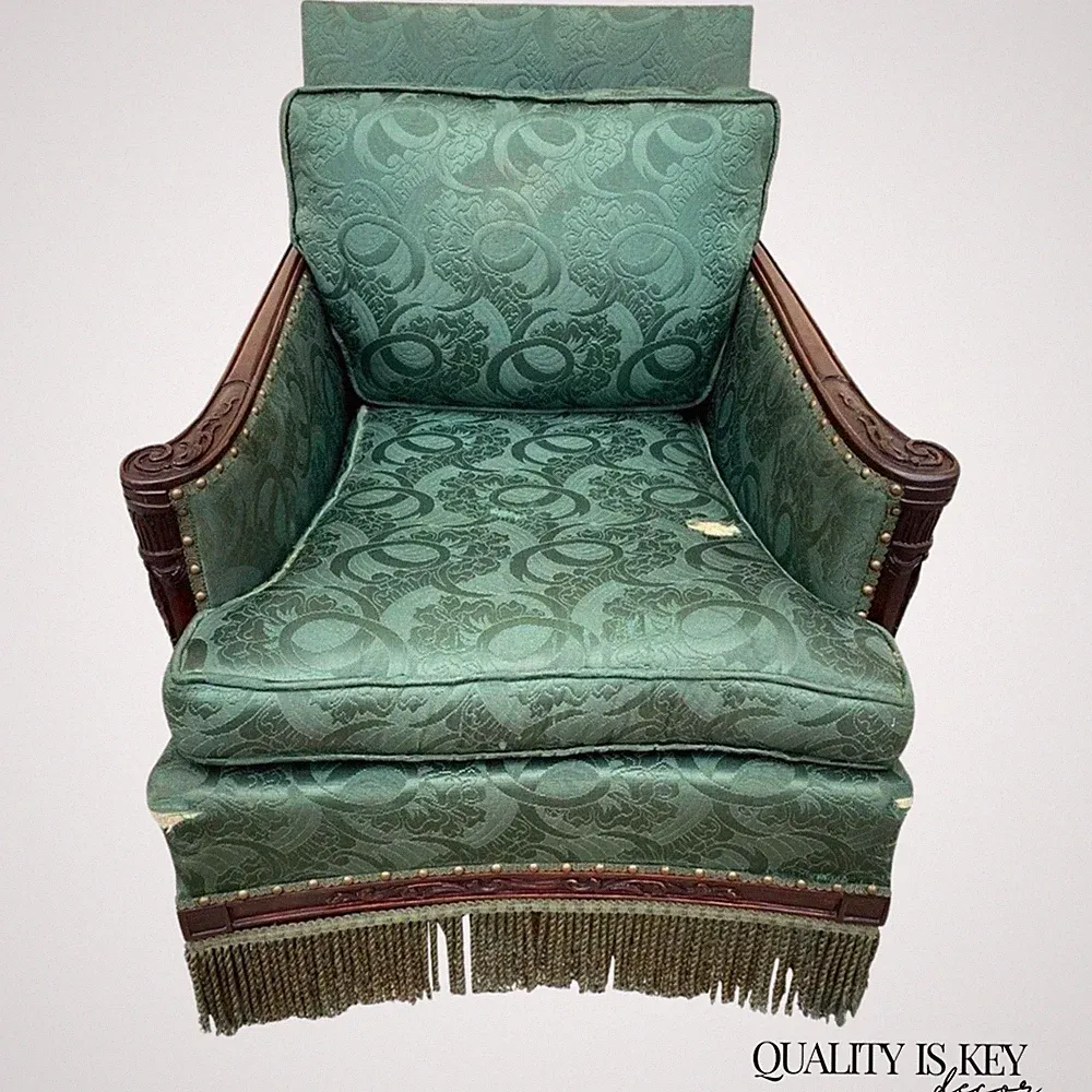 Antique French Hollywood Regency Carved Mahogany Art Deco Club Lounge Chair