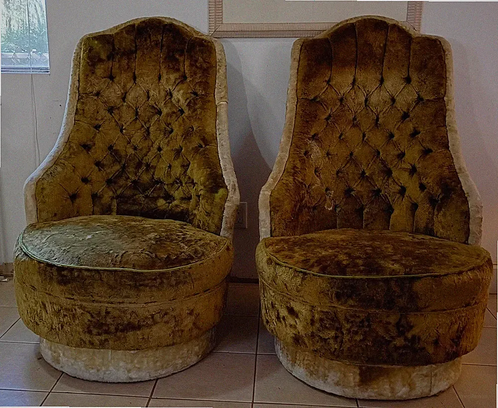 Antique Pair Of High Back Tufted Throne Swivel Lounge Chairs