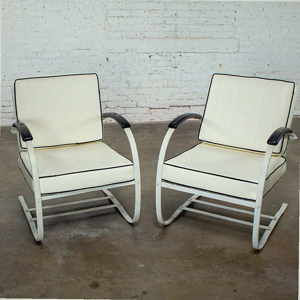Art Deco Springer Base Black & White Lounge Chairs Attr to Wolfgang Hoffman