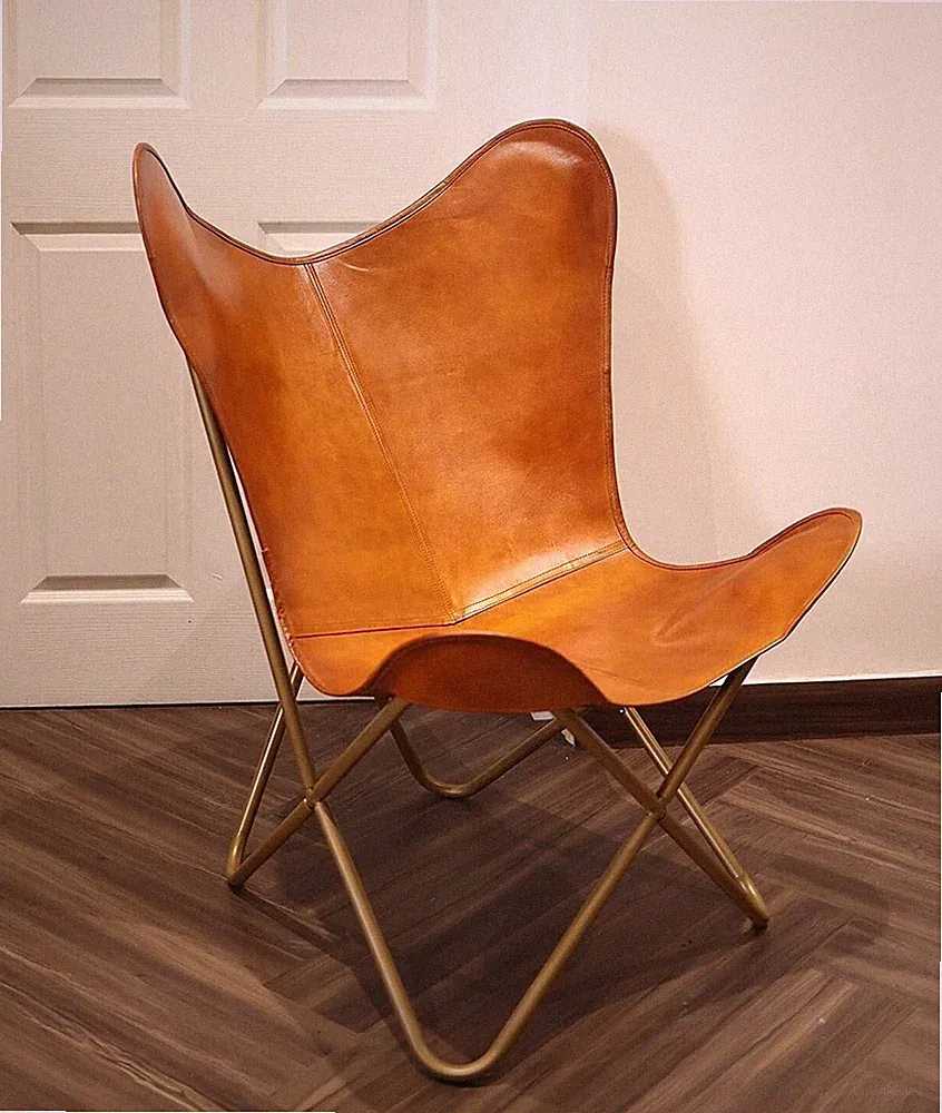 Brown Leather Office Chair–Relaxing leather Butterfly chair With Iron Frame