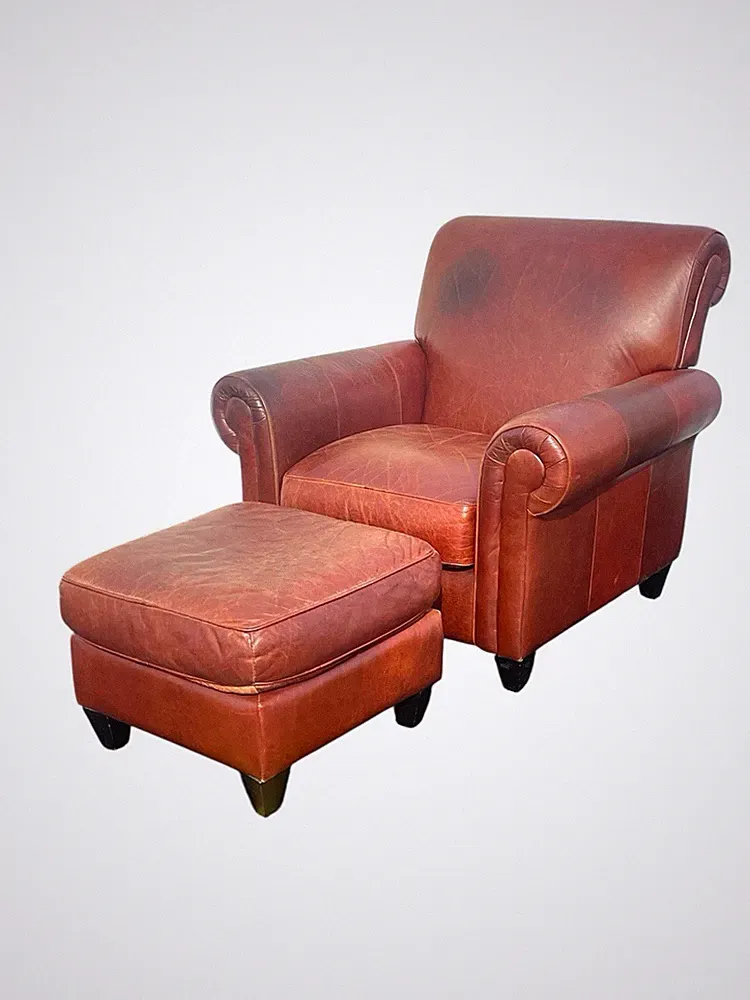 Fine Vintage Art Deco Style High Grade Leather Lounge Chair & Ottoman Set