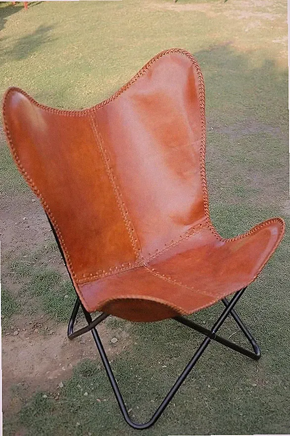 Genuine Brown Leather Butterfly Chair Handmade Openable Office Chair