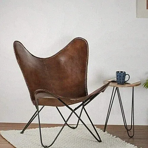 Leather Sleeper Seat Lounge Accent Butterfly Chair Handmade New With Iron Frame
