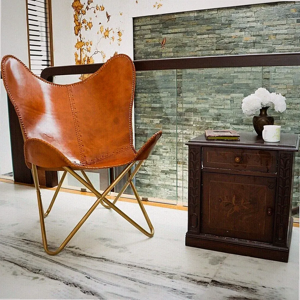 New Brown Leather Handmade Relax Home Decor Butterfly Chair With Iron Frame