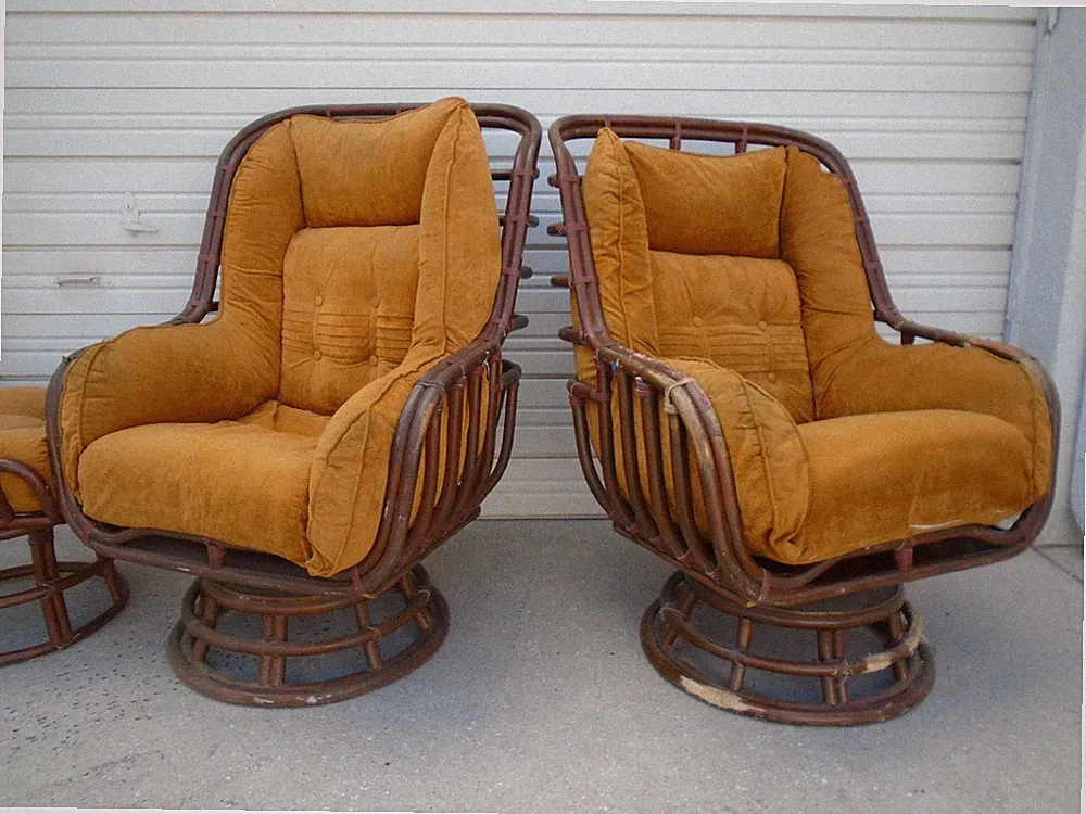 Pair Egg swivel Chairs Bamboo Rattan Regency Clam Art Deco Basket 2 MCM Frankl S