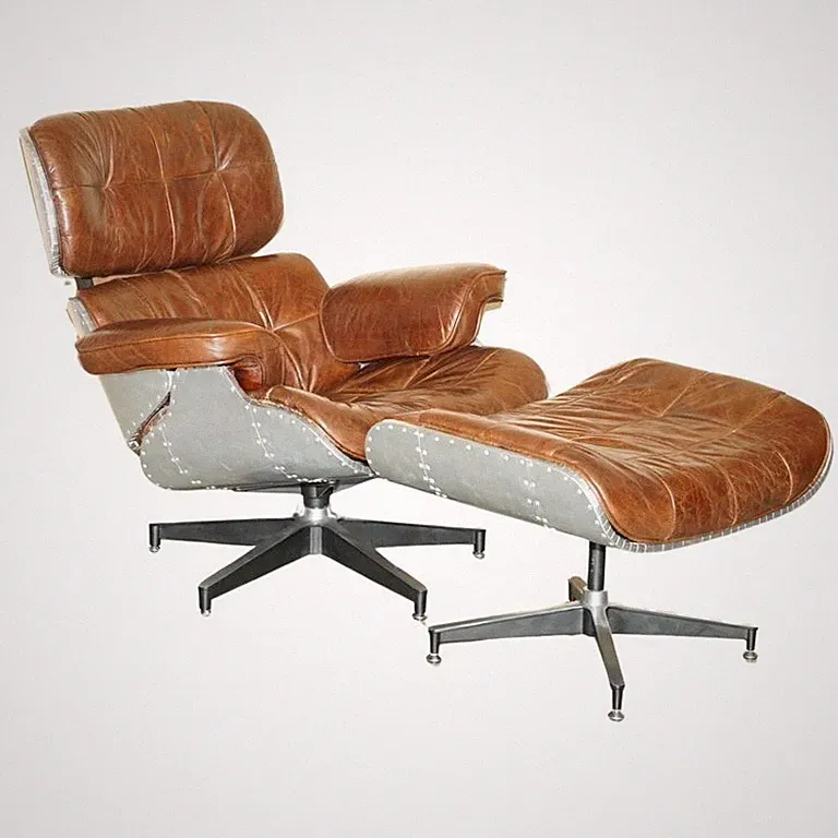 STUNNING HERITAGE BROWN LEATHER HAND HAMMERED AVIATOR LOUNGER ARMCHAIR & OTTOMAN