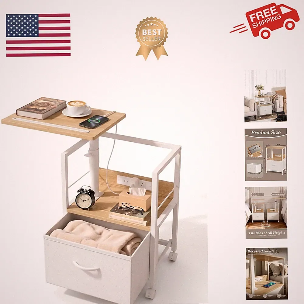 Swivel Lift Top Nightstand with Charging Station, Rolling Side Table for Recl...