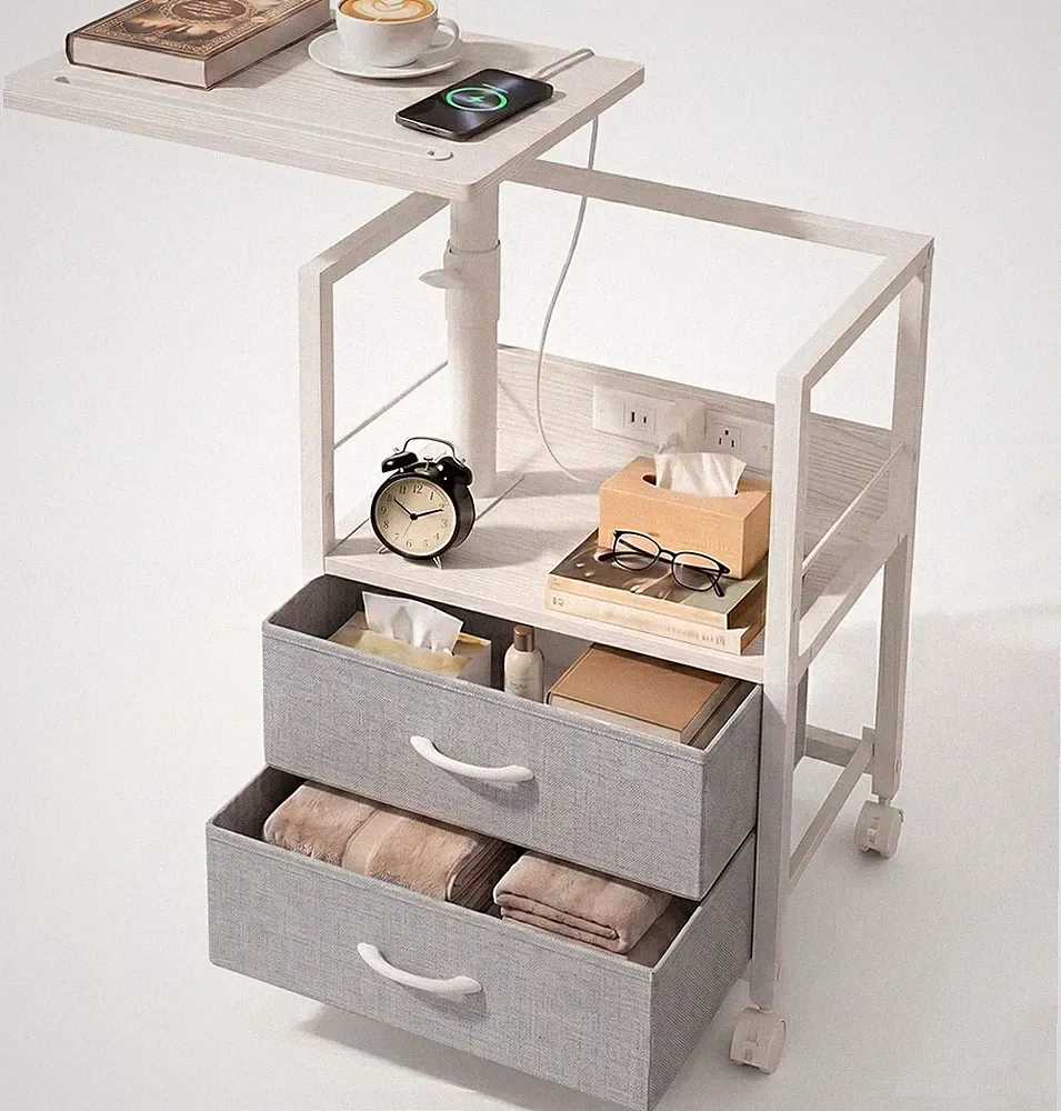 Swivel Lift Top Nightstand with Charging Station & Wheels, 2 Drawers, White Gray