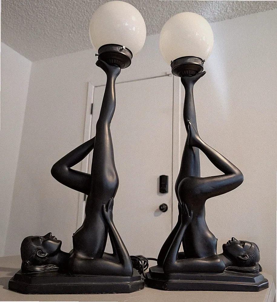 Vintage Art Deco Nude Figural Lamps - Pair - Original Glass Globes - Working