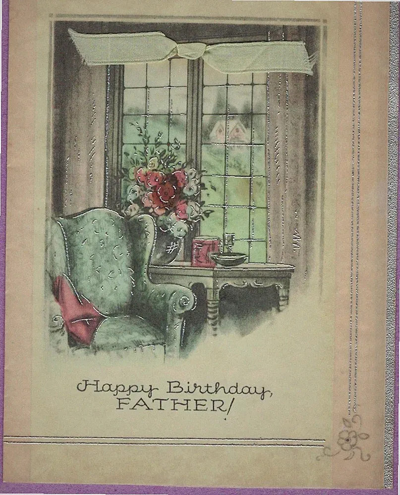 VTG ART DECO BIRTHDAY CARD FATHER LIVING ROOM WINDOW RECLINER SILVER ACCENTS