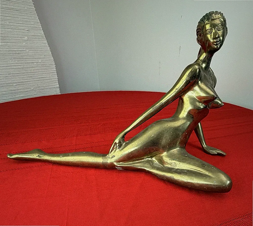 Vtg Solid Brass Reclining Woman Figure Art Deco Nouveau Statue Large 14”