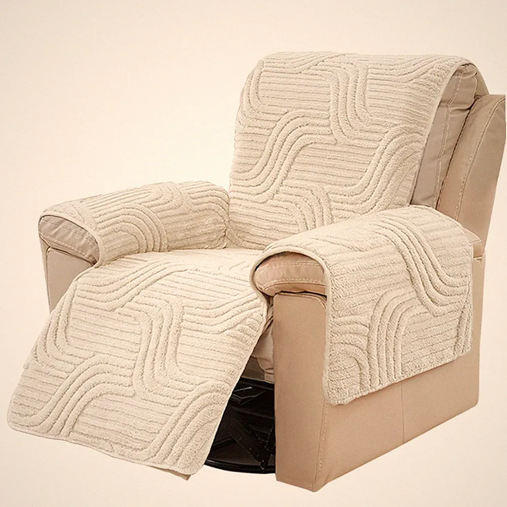 Washable quilted lounge chair cover with side pockets, furniture protective cove
